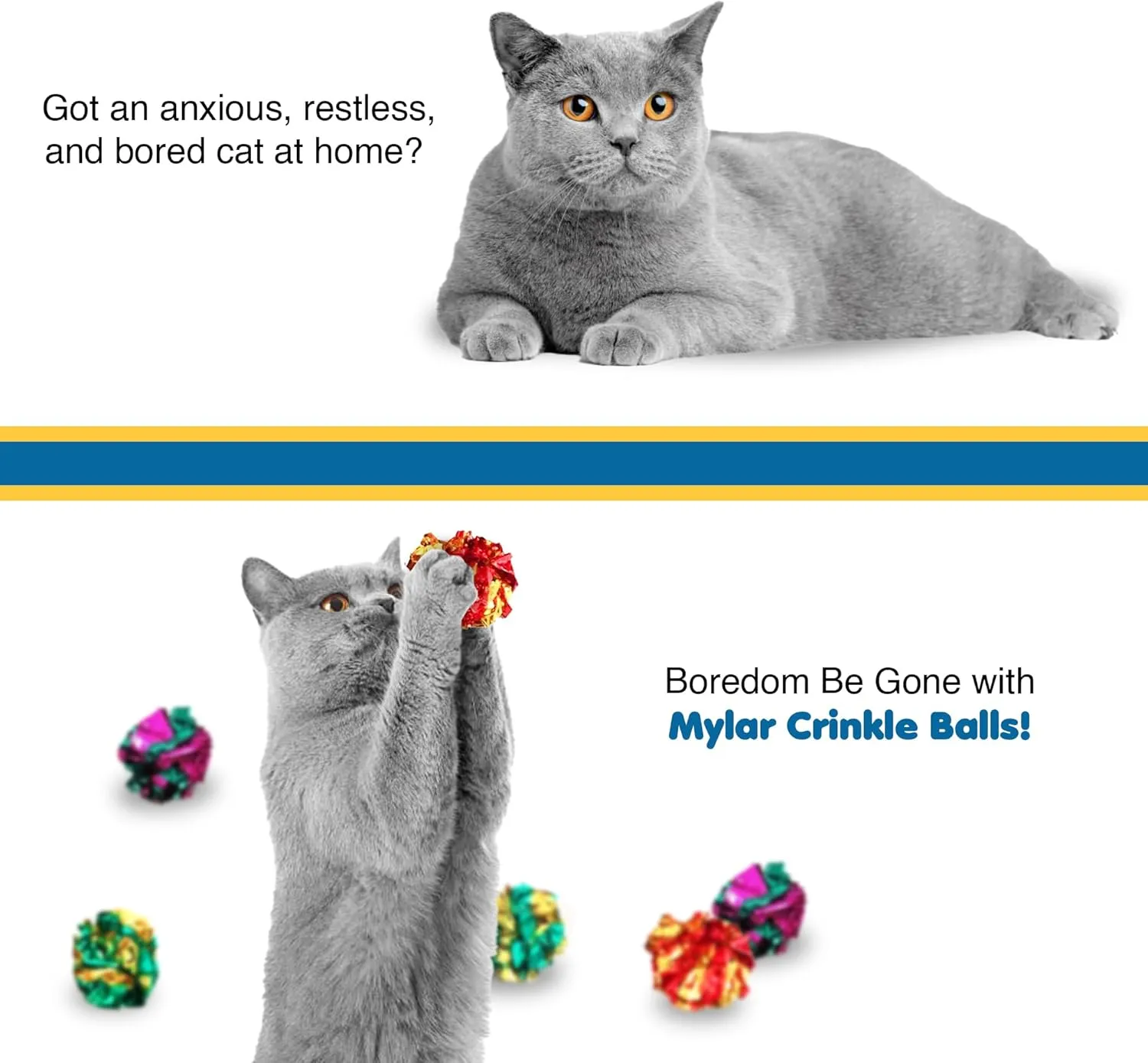 SunGrow Cat Crinkle Balls, Shiny, Mylar Crinkler, Stress-Relief Toy for Kittens, Interactive & Engaging, Keeps Grown-up Cats Active, Encourages Multi-cat Play, Provides Endless Entertainment, 6 Pcs