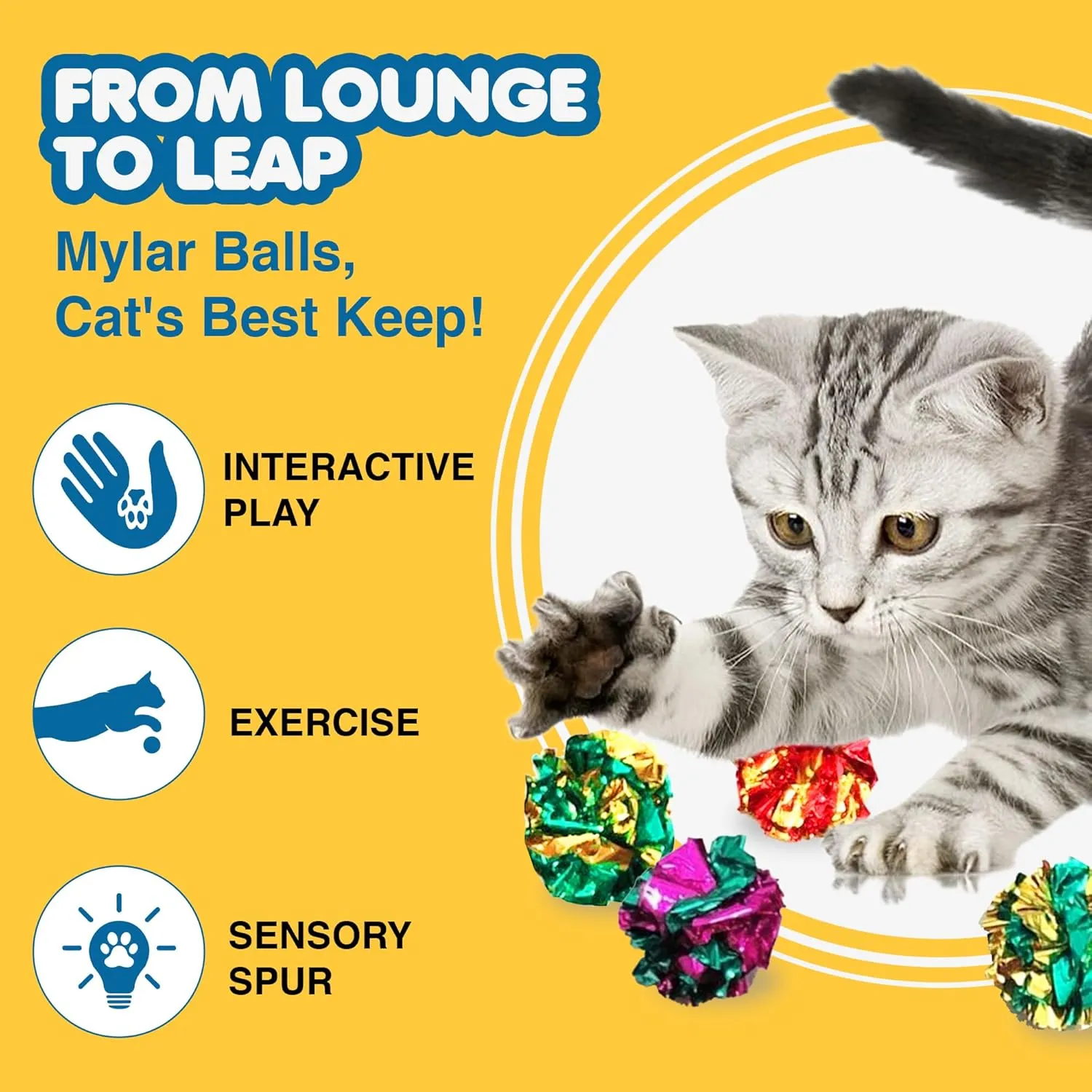 SunGrow Cat Crinkle Balls, Shiny, Mylar Crinkler, Stress-Relief Toy for Kittens, Interactive & Engaging, Keeps Grown-up Cats Active, Encourages Multi-cat Play, Provides Endless Entertainment, 6 Pcs
