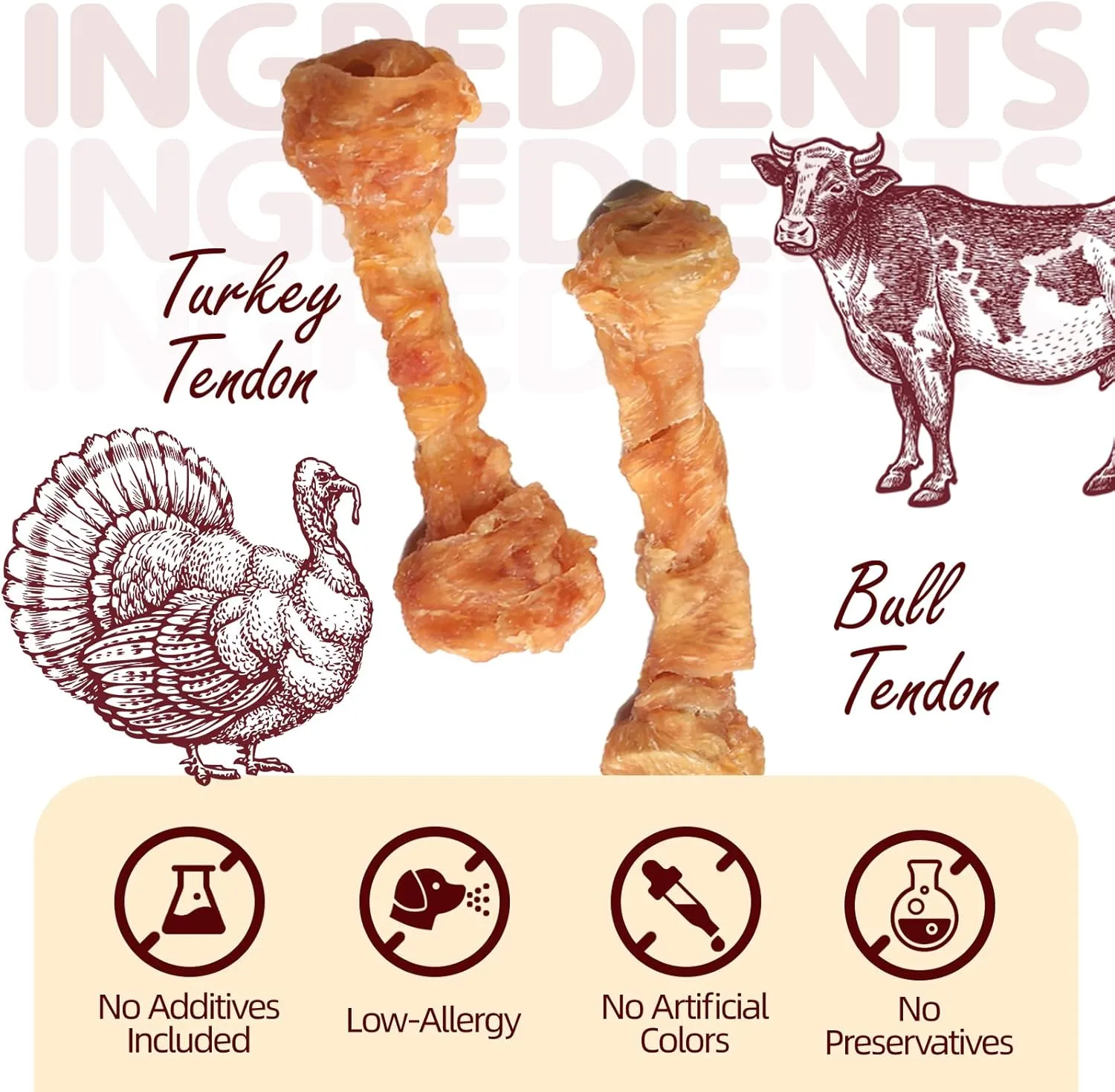 Turkey Tendons for Dogs  Medium Dogs Training Treats, Natural Long-Lasting Chews Sticks, High-Protein Beef Tendons, BoneM(6 Units/Pack, 4.66 oz)