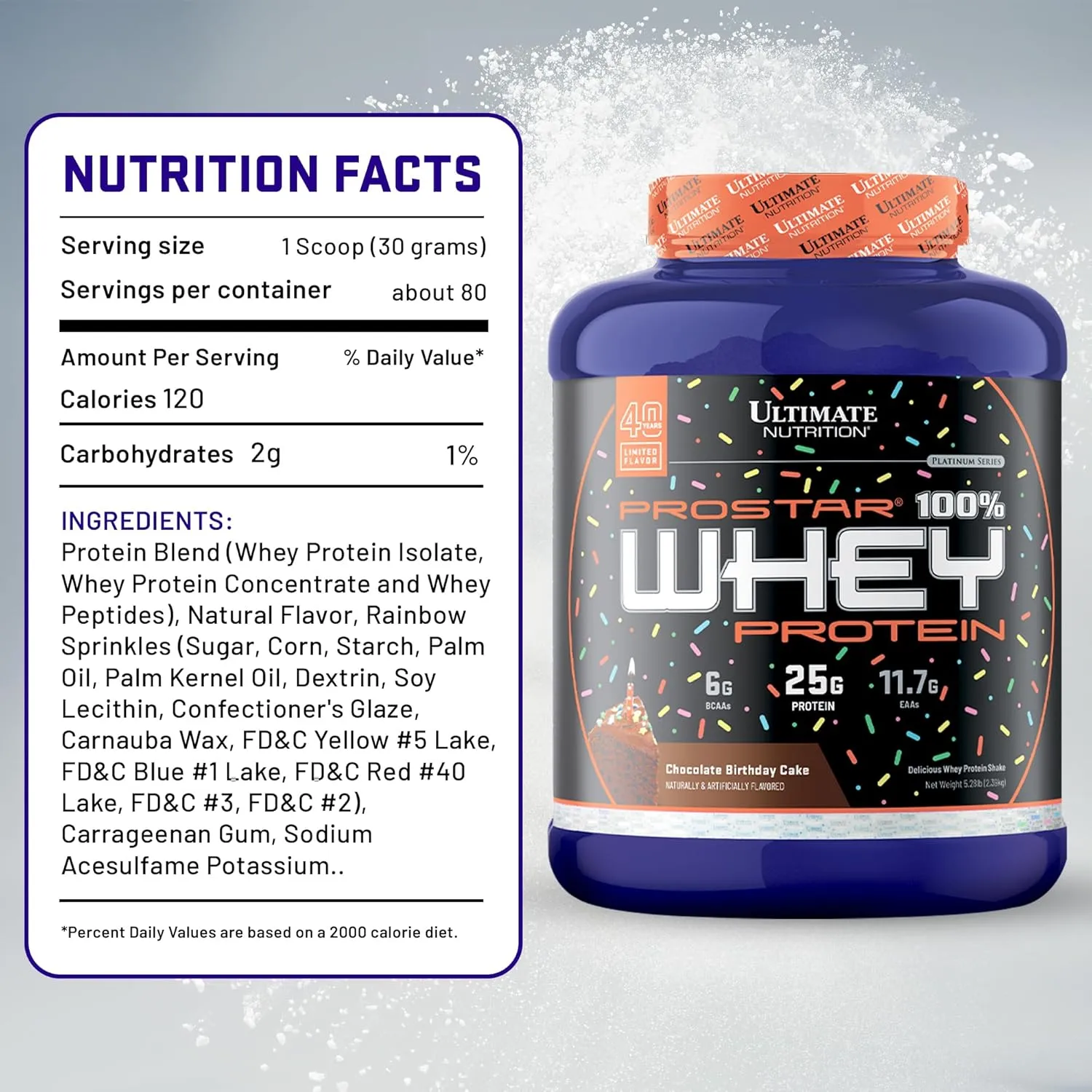 Ultimate Nutrition Prostar Whey Protein Powder Isolate, Chocolate Birthday Cake - Low Carb, High Protein Powder Shake for Muscle Gain & Recovery - Low Sodium, Low-Fat & Keto Friendly - 5.28 lbs Tub