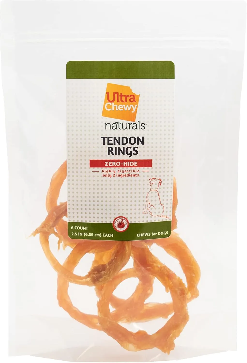 Ultra Chewy Turkey Tendon Rings for Dogs - Premium All-Natural Tendons, Hypoallergenic Treats, Easy to Digest, Alternative to Rawhide (6 Pack)