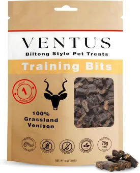 VENTUS Jerky Training Bits  All Natural, Wild Venison Treats, Healthy, Single-Ingredient, Raw Air-Dried, Treat or Topper, High Protein, No Additives, Grain Free, Reward for Dogs, 8 oz