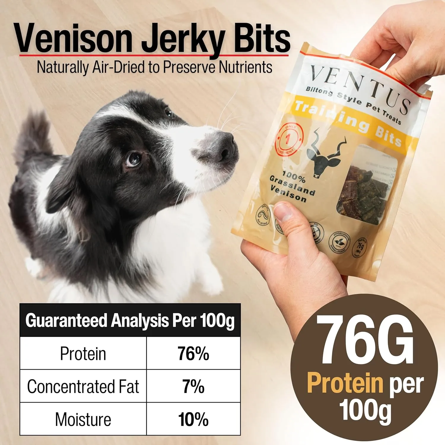 VENTUS Jerky Training Bits  All Natural, Wild Venison Treats, Healthy, Single-Ingredient, Raw Air-Dried, Treat or Topper, High Protein, No Additives, Grain Free, Reward for Dogs, 8 oz