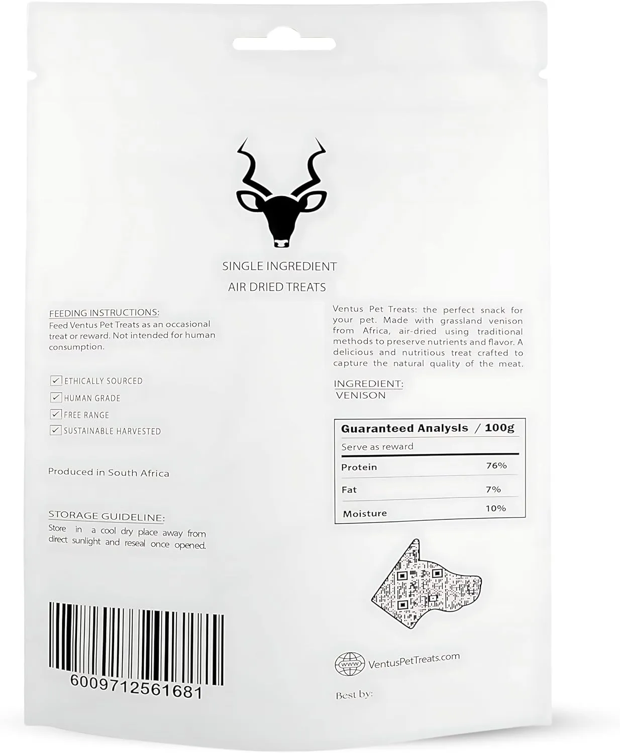 VENTUS Jerky Training Bits  All Natural, Wild Venison Treats, Healthy, Single-Ingredient, Raw Air-Dried, Treat or Topper, High Protein, No Additives, Grain Free, Reward for Dogs, 8 oz