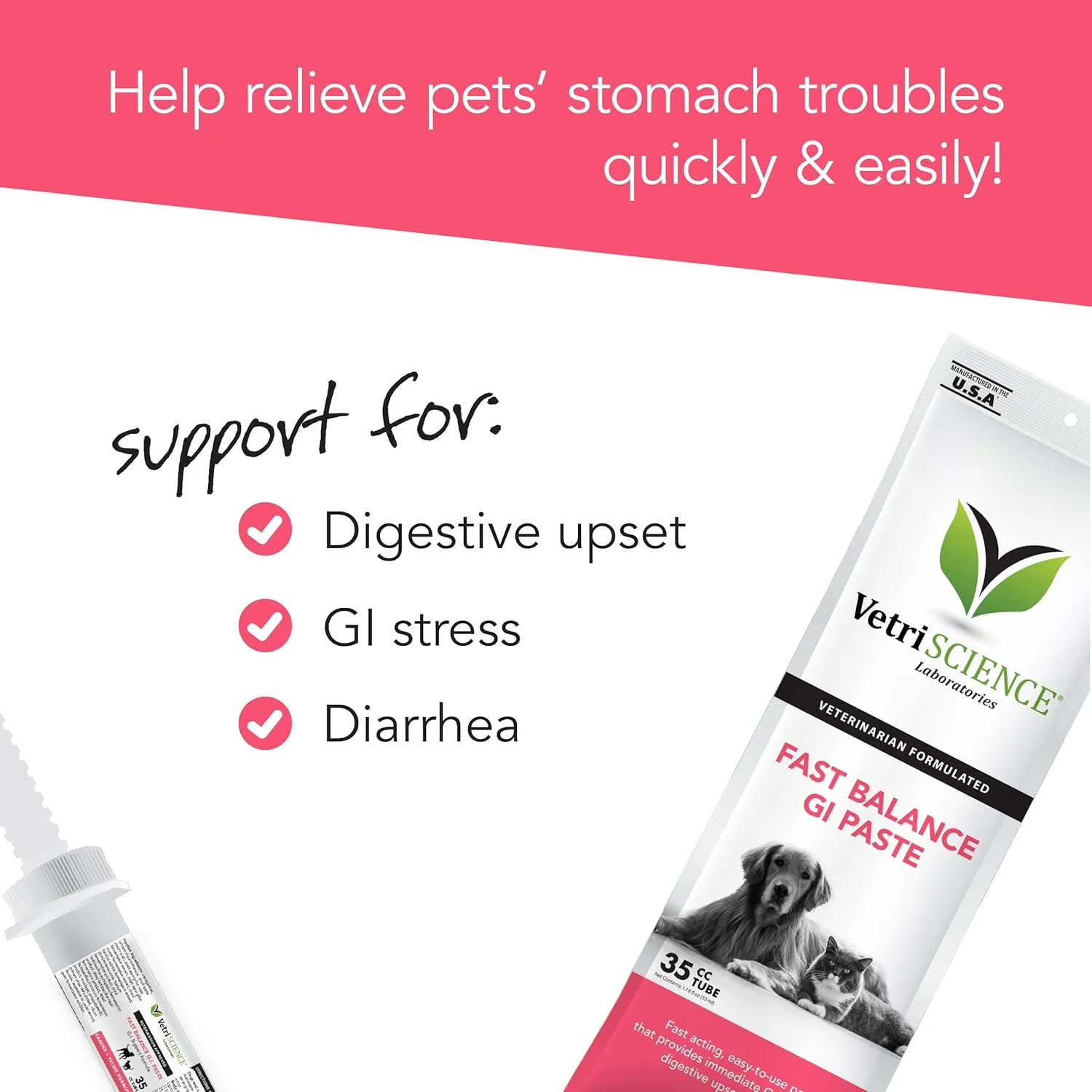 VetriScience Quick Action Diarrhea Aid Paste with Probiotics & B Vitamins, Fast Balance Digestive Support Supplement for Dogs and Cats, Gut Balancer, Help Stop Diarrhea, Unflavored, 35 cc