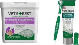 Vet's Best Ear Relief Finger Wipes | Ear Cleansing Finger Wipes for Dogs | Sooths & Deodorizes & Dog Toothbrush & Toothpaste Kit - Natural Ingredients Reduce Plaque, Whiten Teeth, Freshe