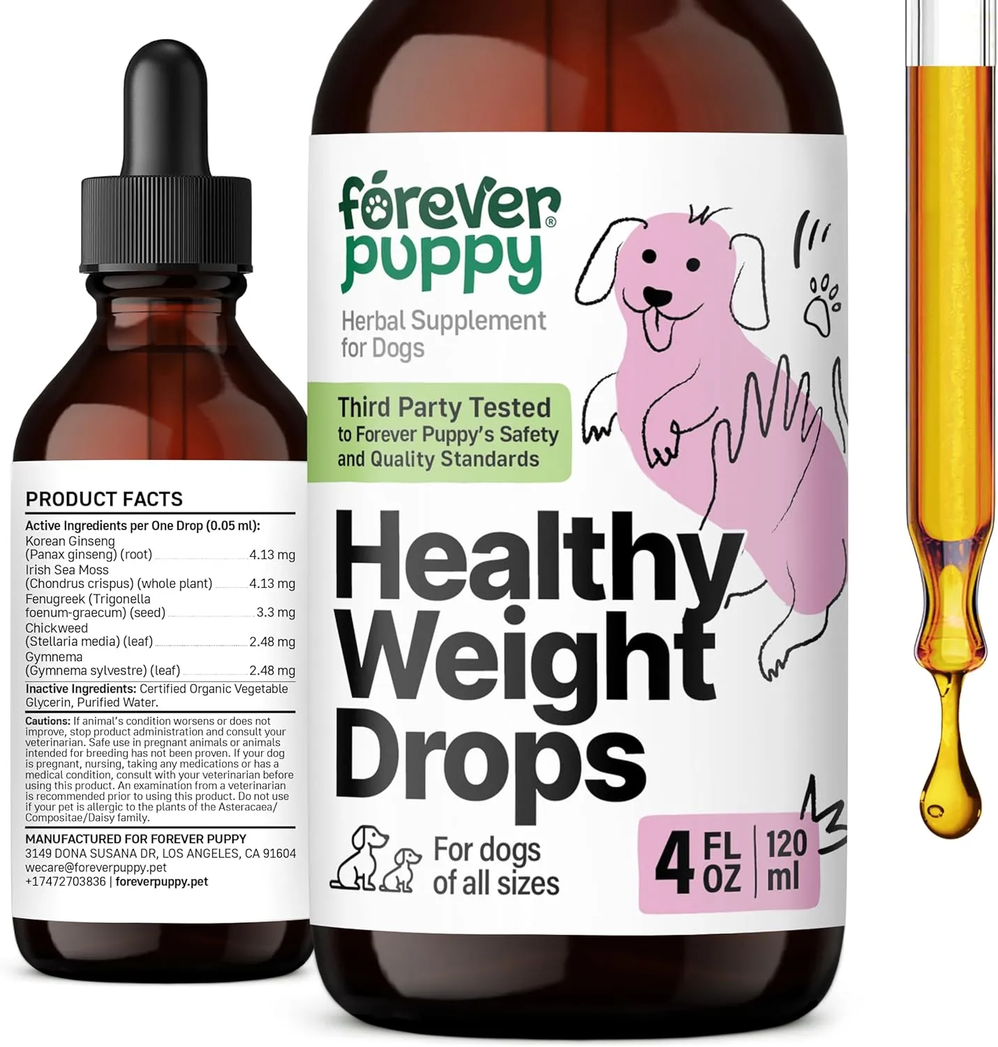 Weight Management Drops for Dogs - Dog Food Supplement w/Irish Sea Moss, Ginseng & Fenugreek Nutrient Blend - Energy Support for All Breeds & Sizes - 4 fl oz