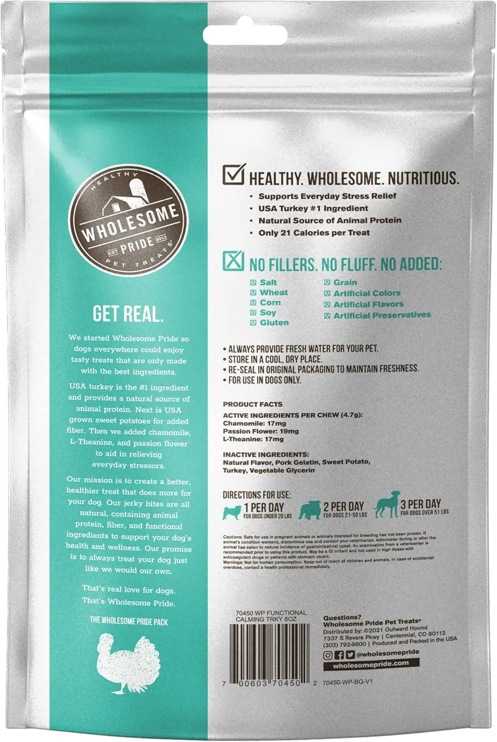 Wholesome Pride Functional Calming Support Turkey Jerky Bites, USA Made Calming Dog Treats - 8 oz