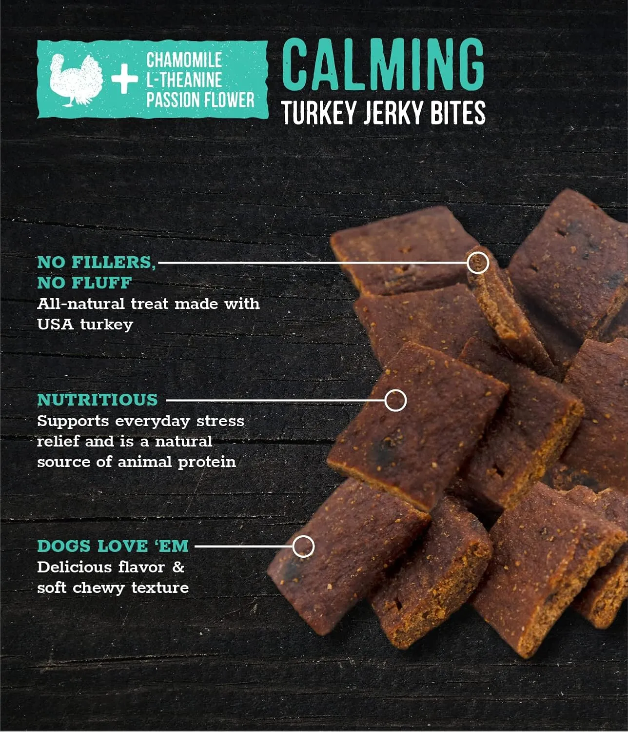 Wholesome Pride Functional Calming Support Turkey Jerky Bites, USA Made Calming Dog Treats - 8 oz