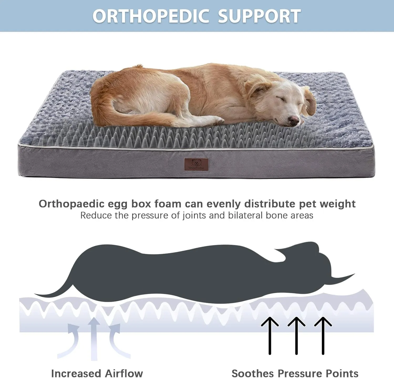 WNPETHOME Orthopedic Large Dog Bed, Large Waterproof Dog Bed with Removable Washable Cover & Anti-Slip Bottom,Egg Crate Foam Pet Bed Mat,Soft Rose Plush Pet Crate Mat