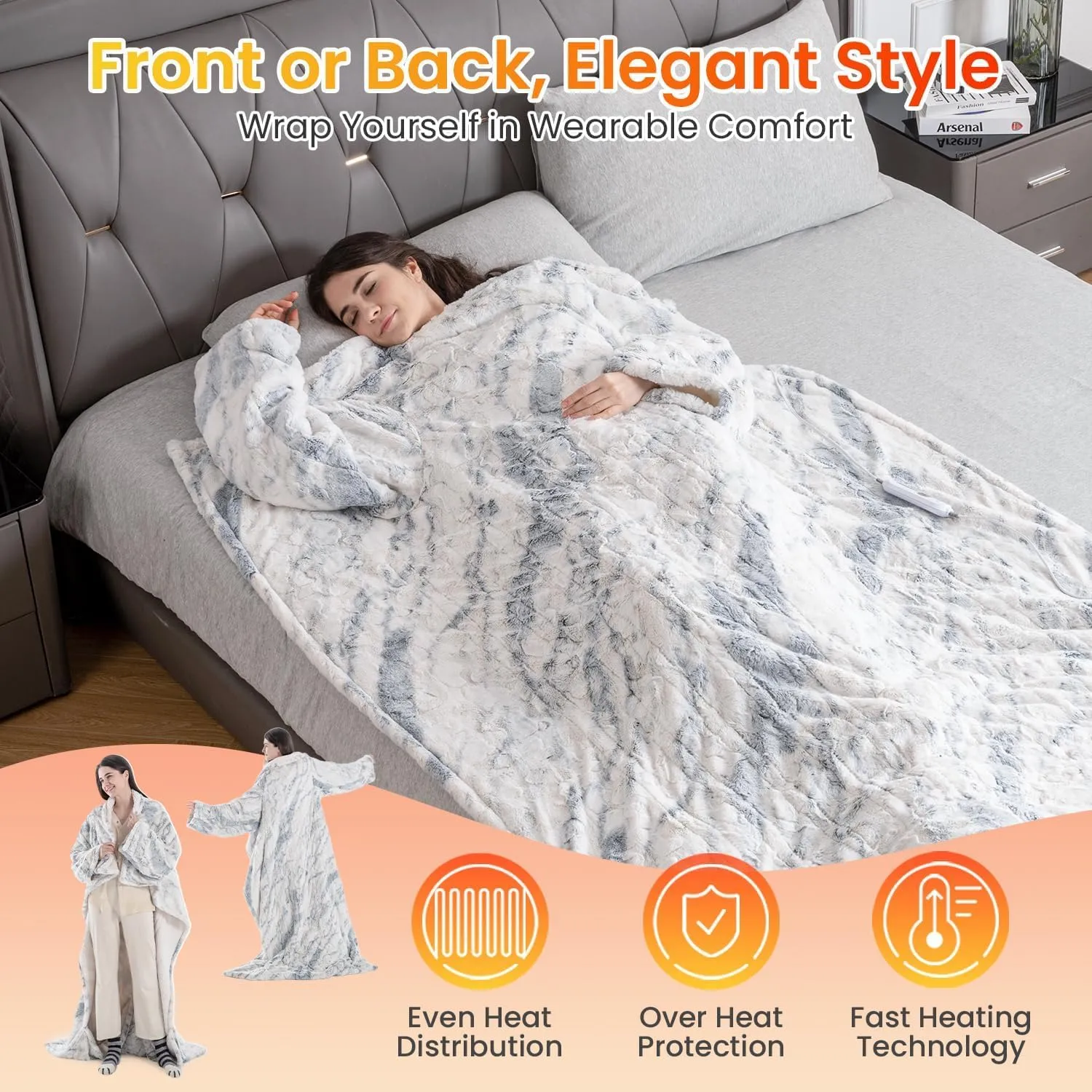 WOOMER Wearable Heating Electric Blanket 5070, Soft Faux Fur & Cozy Sherpa Electric Heated Blanket with Foot Pockets and Sleeves, 4 Heat Levels & 4H Auto Off