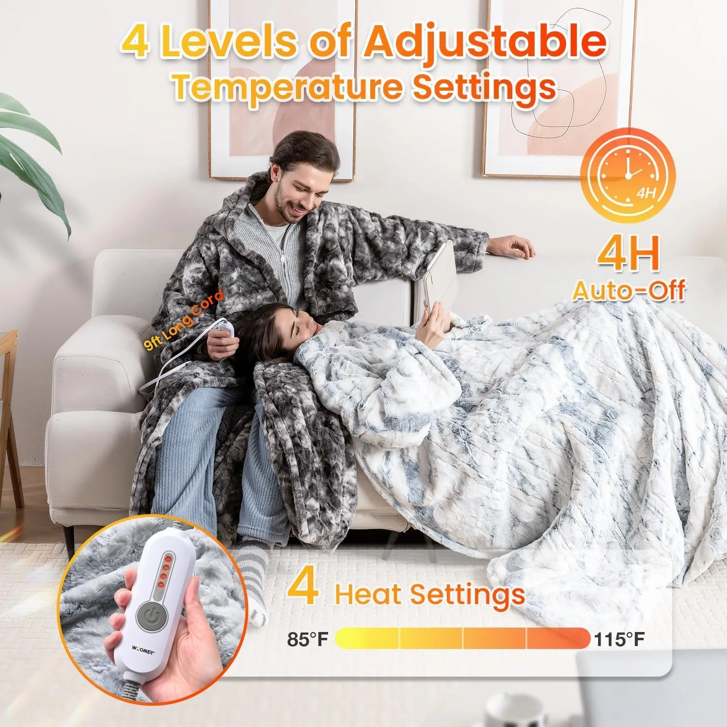 WOOMER Wearable Heating Electric Blanket 5070, Soft Faux Fur & Cozy Sherpa Electric Heated Blanket with Foot Pockets and Sleeves, 4 Heat Levels & 4H Auto Off