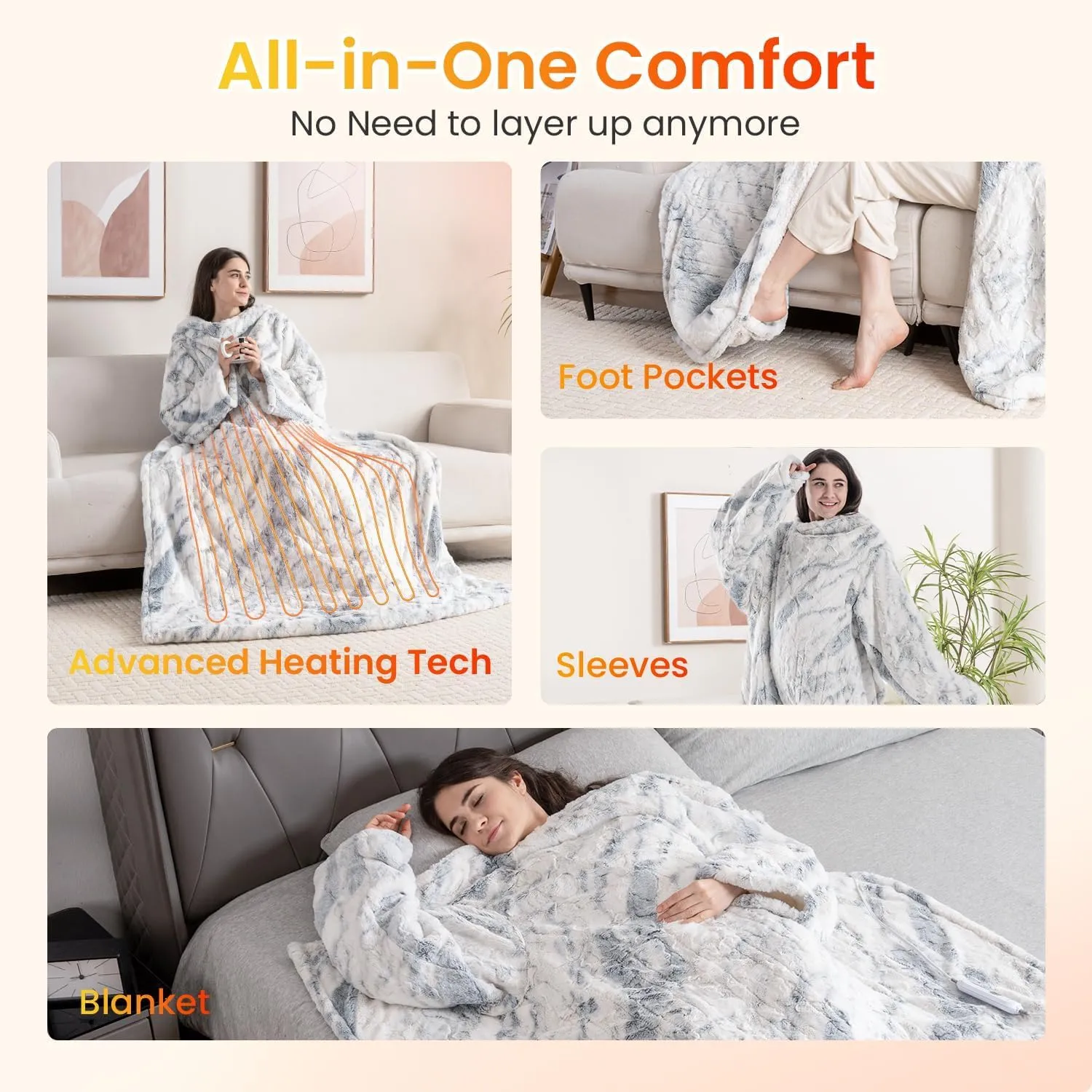 WOOMER Wearable Heating Electric Blanket 5070, Soft Faux Fur & Cozy Sherpa Electric Heated Blanket with Foot Pockets and Sleeves, 4 Heat Levels & 4H Auto Off