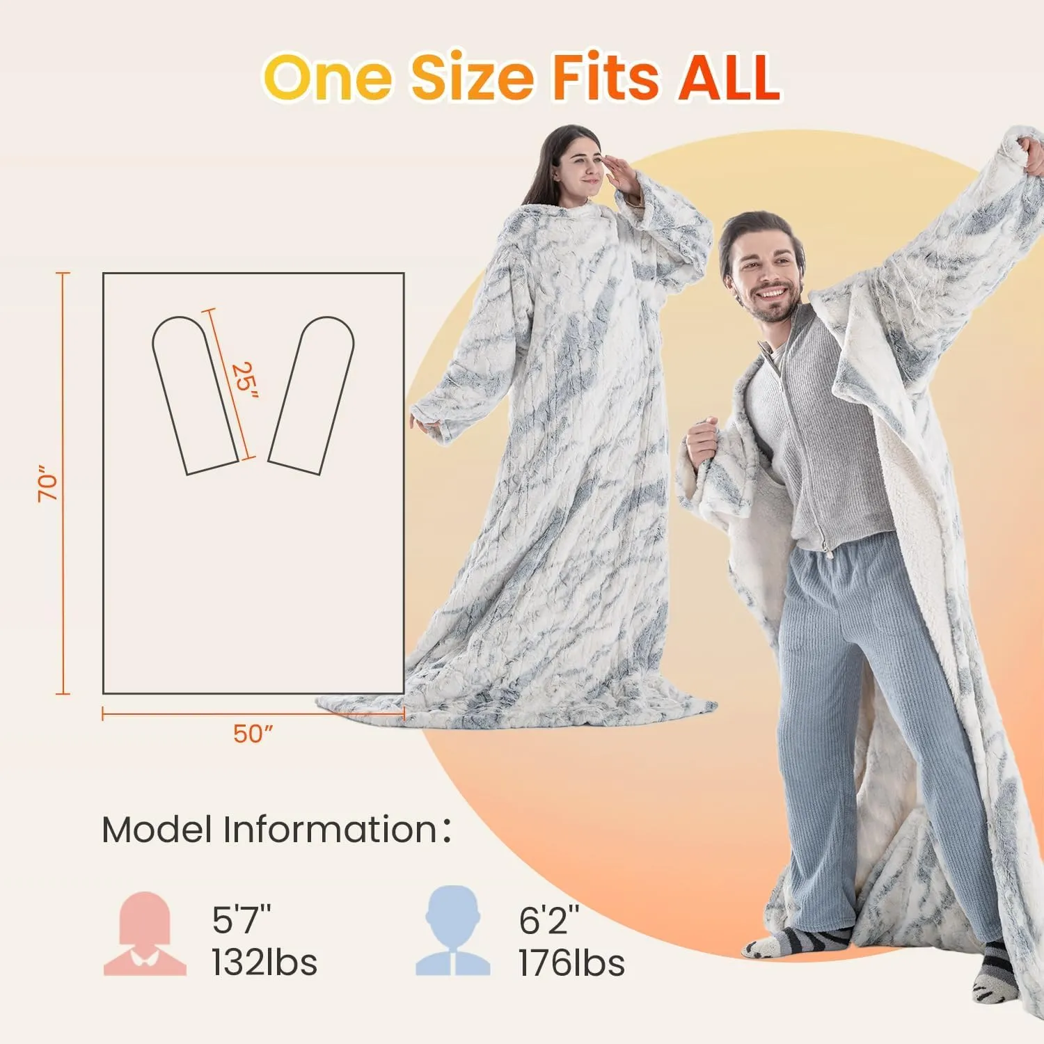 WOOMER Wearable Heating Electric Blanket 5070, Soft Faux Fur & Cozy Sherpa Electric Heated Blanket with Foot Pockets and Sleeves, 4 Heat Levels & 4H Auto Off