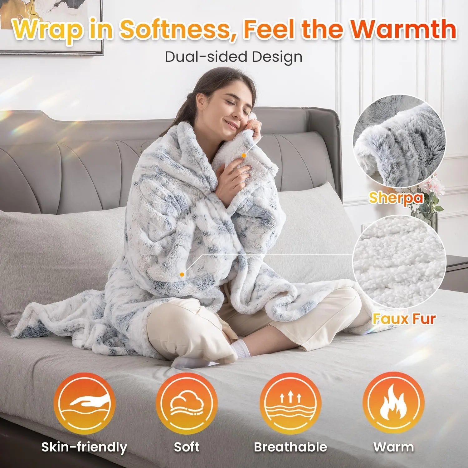 WOOMER Wearable Heating Electric Blanket 5070, Soft Faux Fur & Cozy Sherpa Electric Heated Blanket with Foot Pockets and Sleeves, 4 Heat Levels & 4H Auto Off