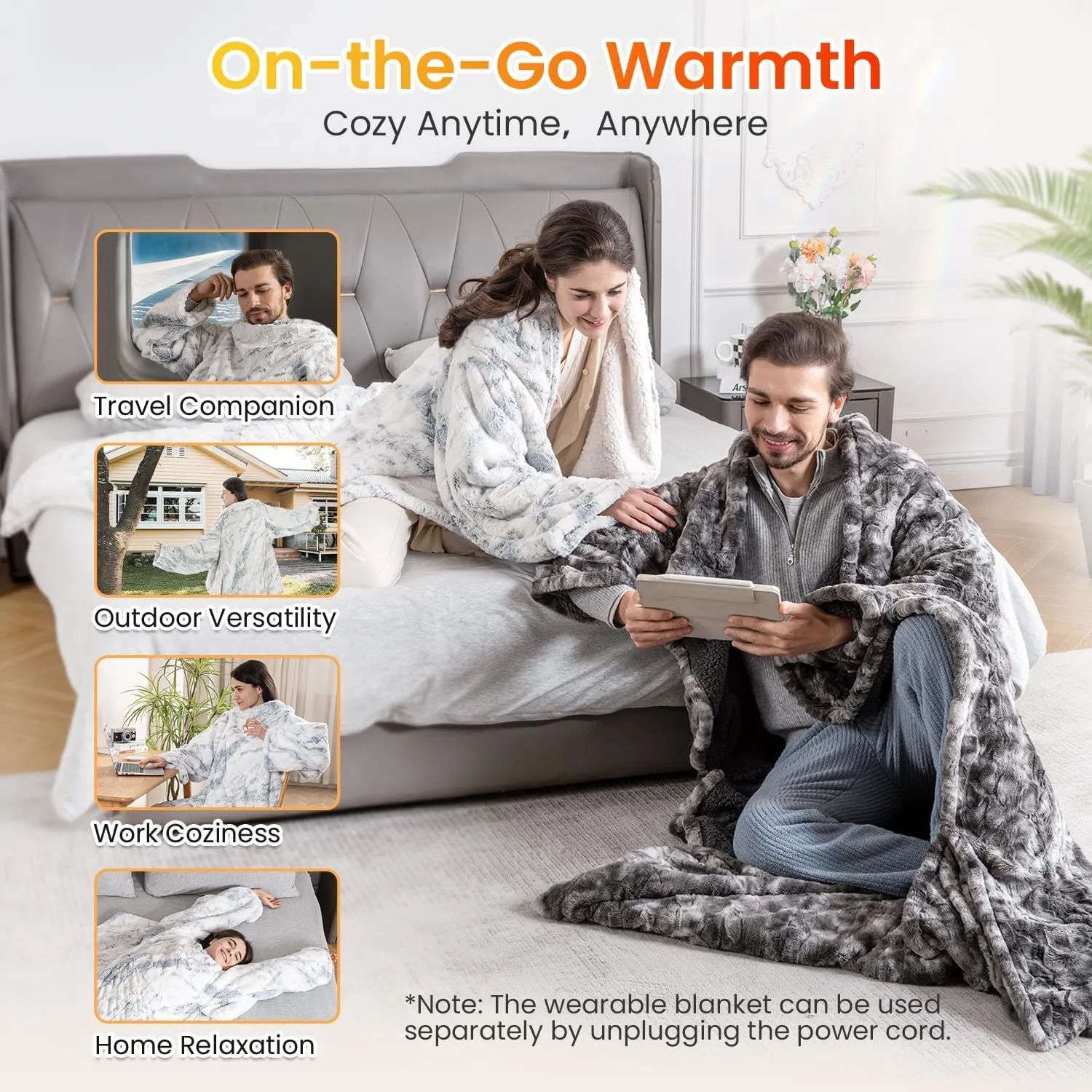 WOOMER Wearable Heating Electric Blanket 5070, Soft Faux Fur & Cozy Sherpa Electric Heated Blanket with Foot Pockets and Sleeves, 4 Heat Levels & 4H Auto Off