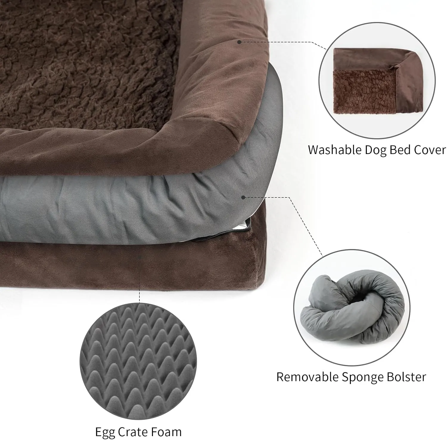XL Orthopedic Dog Bed for Extra Large Dogs, Washable Dog Bed with Removable Bolster, Waterproof Pet Bed with Nonskid Bottom, Brown