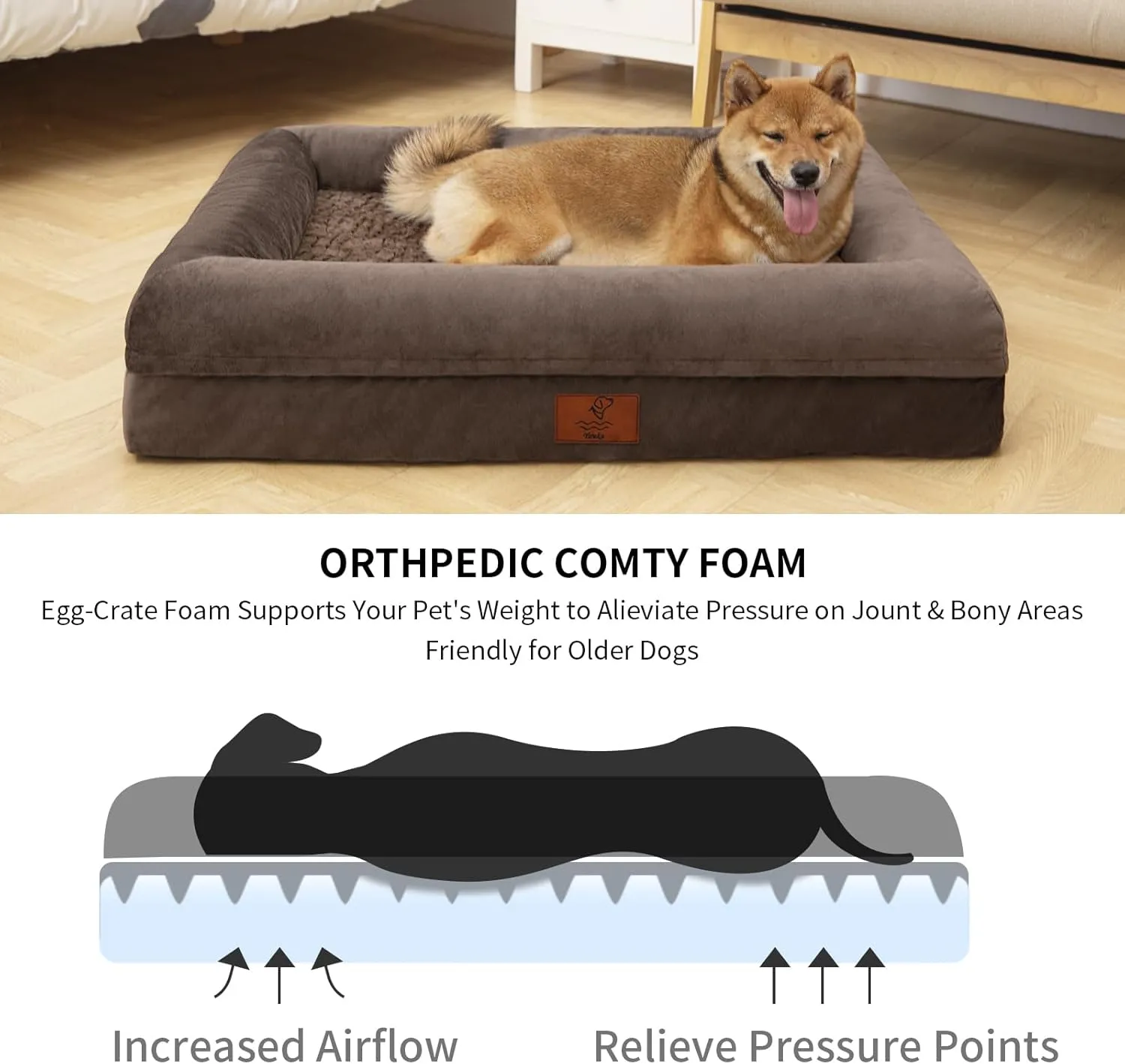 XL Orthopedic Dog Bed for Extra Large Dogs, Washable Dog Bed with Removable Bolster, Waterproof Pet Bed with Nonskid Bottom, Brown