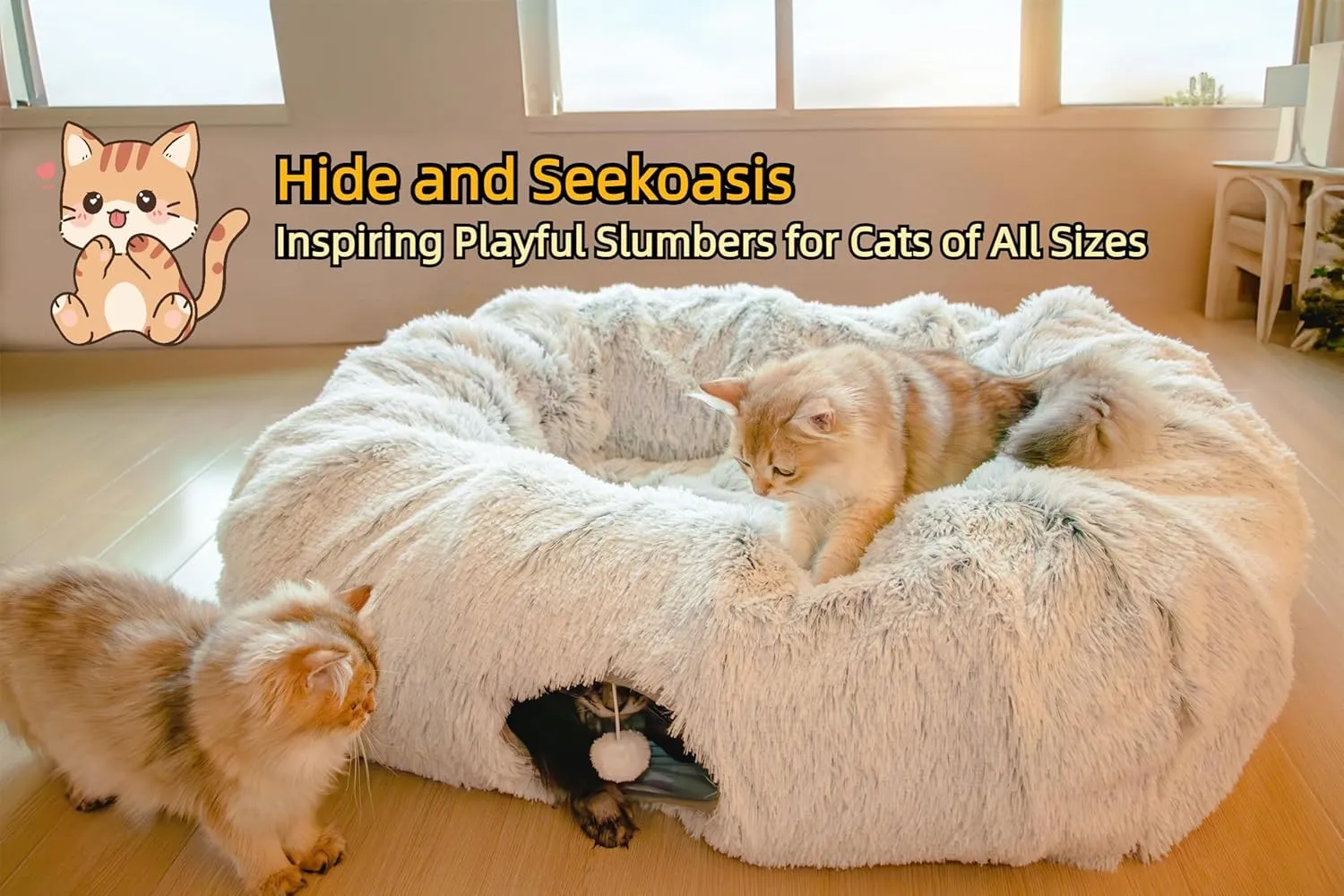 XxingSheep Extra Large Cat Tunnel Bed for Indoor Cats Peekaboo Cat Cave Donut with Center Mat