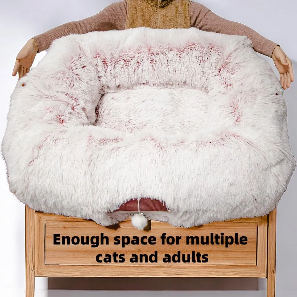 XxingSheep Extra Large Cat Tunnel Bed for Indoor Cats Peekaboo Cat Cave Donut with Center Mat,Pinkish White