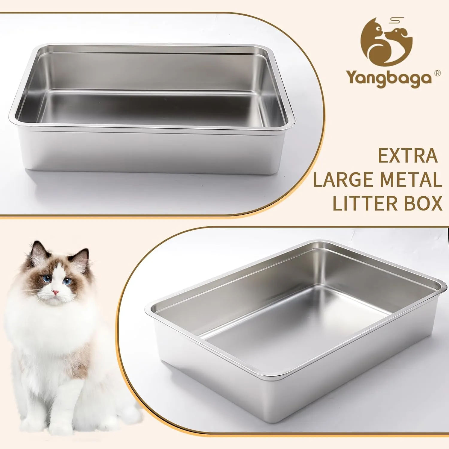 Yangbaga Extra Large Stainless Steel Litter Box, 28 x 20 x 6 Ultimate Metal Cat Litter Box with High Sides, Sturdy Long-Lasting Litter Pan with Anti-Slip Rubber Feet