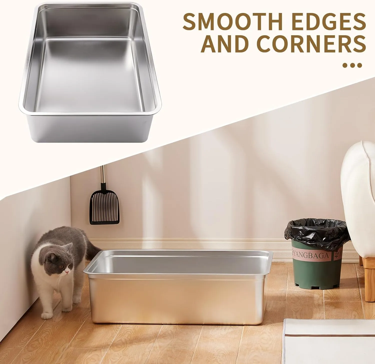 Yangbaga Extra Large Stainless Steel Litter Box, 28 x 20 x 6 Ultimate Metal Cat Litter Box with High Sides, Sturdy Long-Lasting Litter Pan with Anti-Slip Rubber Feet