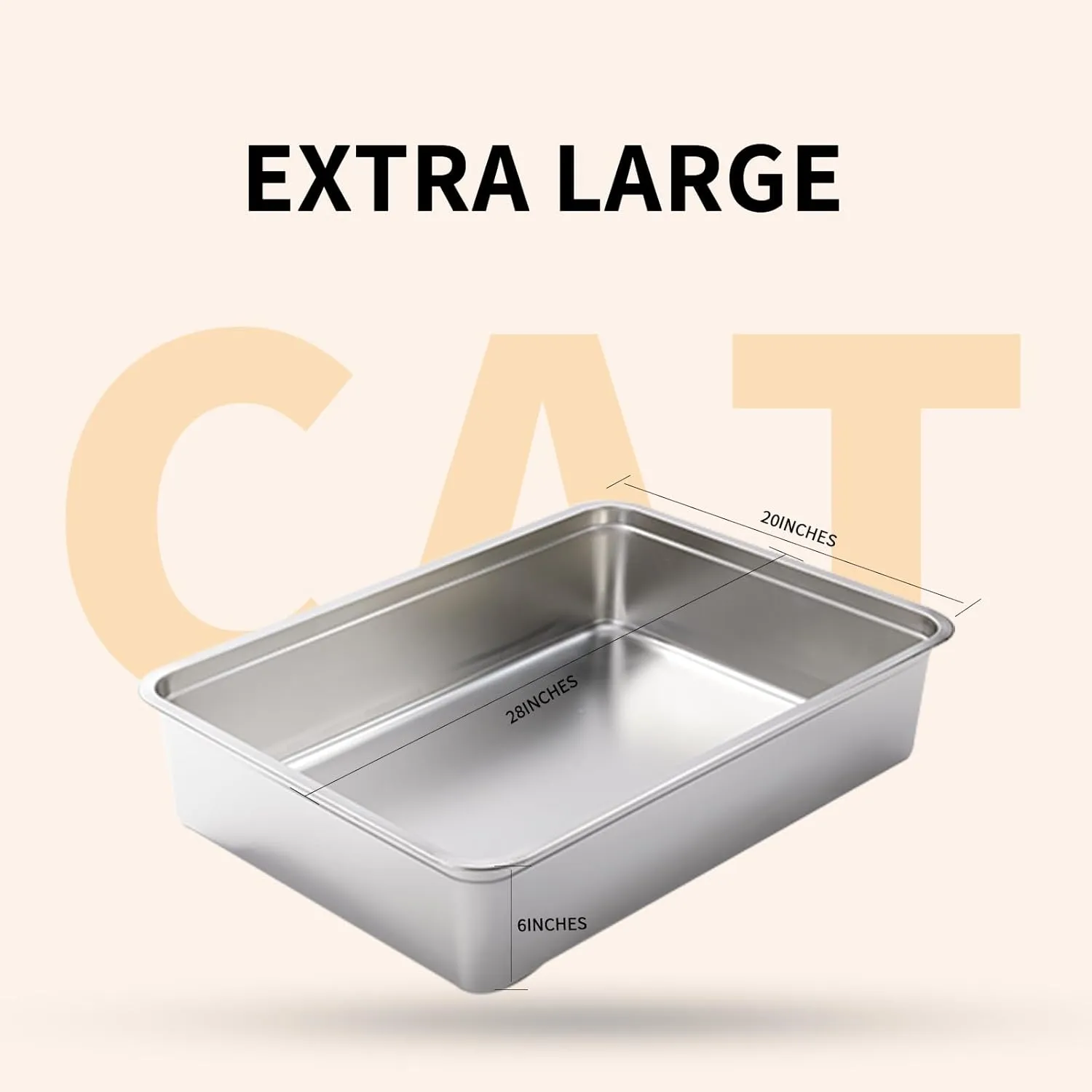 Yangbaga Extra Large Stainless Steel Litter Box, 28 x 20 x 6 Ultimate Metal Cat Litter Box with High Sides, Sturdy Long-Lasting Litter Pan with Anti-Slip Rubber Feet