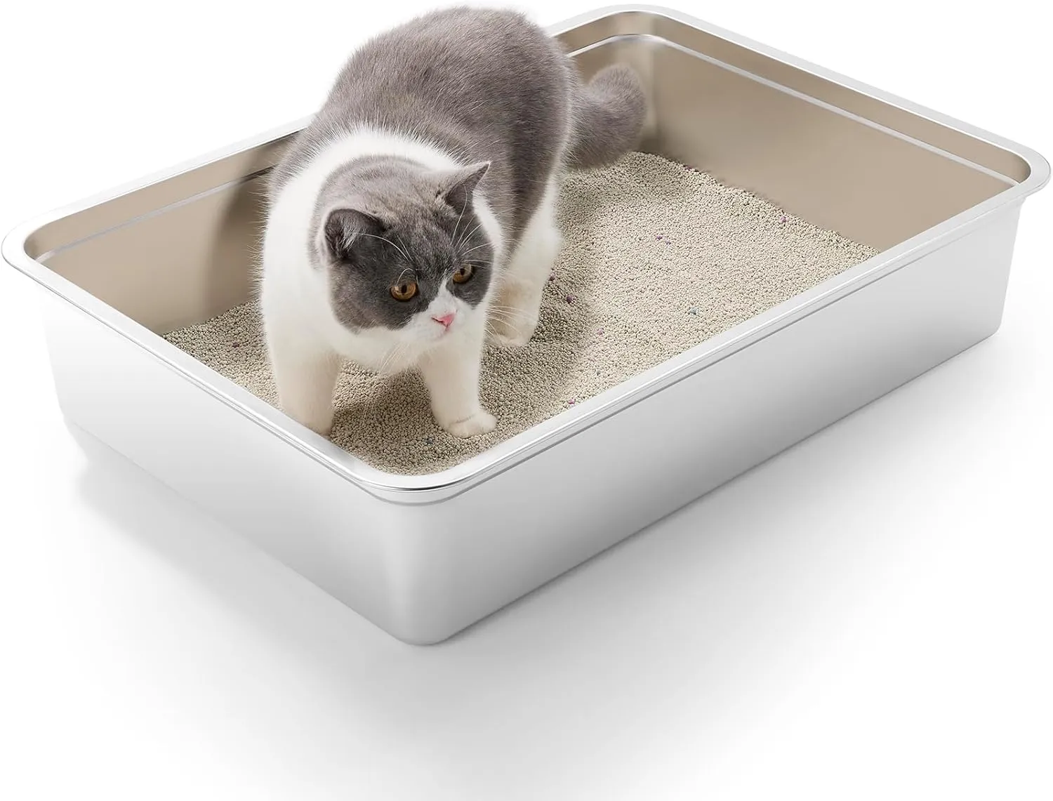 Yangbaga Extra Large Stainless Steel Litter Box, 28 x 20 x 6 Ultimate Metal Cat Litter Box with High Sides, Sturdy Long-Lasting Litter Pan with Anti-Slip Rubber Feet